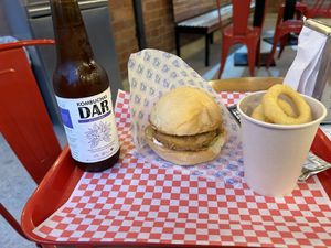 Ginger kombucha, Sweet mayo astro sandwich & Onion rings #Veganuary at Stankov - Chapinero in Bogota