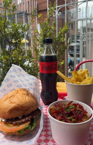 Vegan burger, vegan Mac and cheese and fries.   at Stankov - Chapinero in Bogota