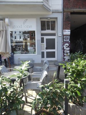 Good One Café entrance and outside seating at Good One Café in Hamburg