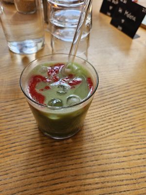 Strawberry iced matcha latte at Good One Café in Hamburg