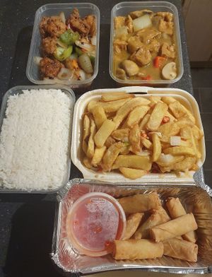 Mock chicken black bean / Tofu curry / Rice / Salt & Pepper Chips/ Spring Rolls at Panda Mama in Sale