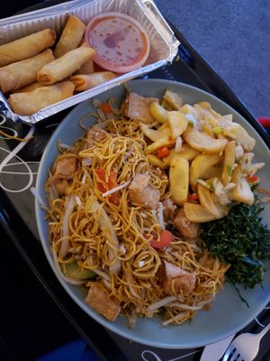 Tofu Noodles, salt and pepper chips, seaweed and vegetable spring rolls at Panda Mama in Sale