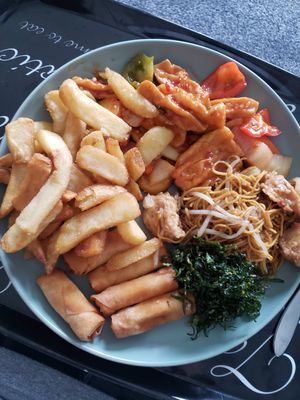 Salt and pepper chips, garlic and chilli tofu, mock chicken noodles, seaweed  and vegetable spring rolls at Panda Mama in Sale