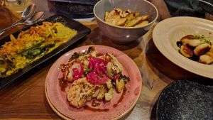 Cabbagey something, cauli, wedges with apple and fennel, and potato gnocchi. All yum. at The Quarterhouse in Lancaster
