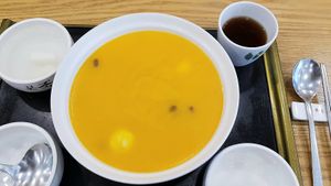 Sweet Pumpkin porridge 단호박죽 at Bonjuk 본죽 - Gosichon in Seoul