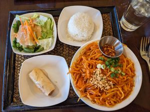 Lunch special comes with a vegetable soup, vegetable fried spring roll, salad with peanut sauce, and white rice. Great deal! at Thai Lotus in Reno