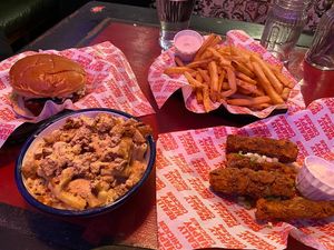 Really Sticky Burger, Large Chips, Mac n Cheese n Chick'n, Kentucky Wings at Really Happy Chicken at Vaulty Towers in South East London
