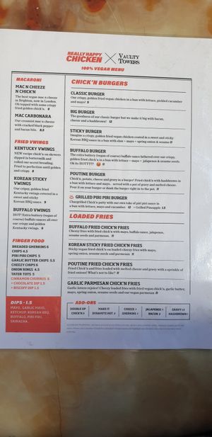 Menu April 2022 at Really Happy Chicken at Vaulty Towers in South East London