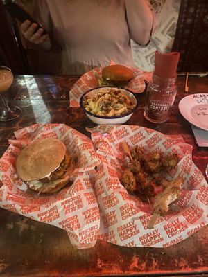 Buffalo burger, Kentucky wings, Mac n Cheese n Chick’n & a classic burger   at Really Happy Chicken at Vaulty Towers in South East London