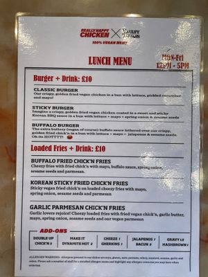 Lunch menu  at Really Happy Chicken at Vaulty Towers in South East London