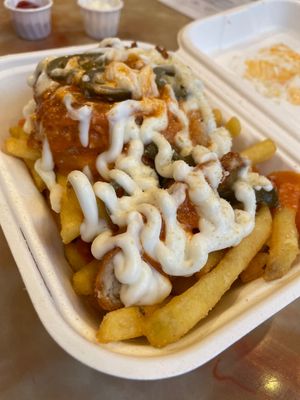 Loaded fries  at Really Happy Chicken at Vaulty Towers in South East London