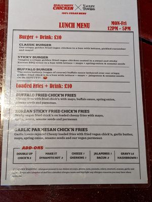 Lunch menu at Really Happy Chicken at Vaulty Towers in South East London