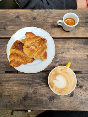 vegan croissants with nougat and marzipan, coffee with oat milk at Schwarzbrot OG in Vienna