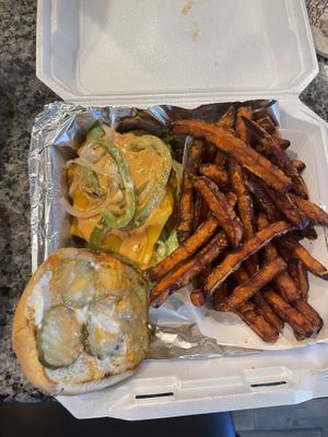 Crispy Oyster Mushroom Sandwich with Sweet Potato Fries  at Vibez Kitchen in Killeen