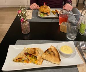 Main course (Burger and Quesadillas) at Copenhagen in Valencia