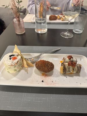 3 started all vegan, Russian salad, aubergine and Bon Bon   at Copenhagen in Valencia