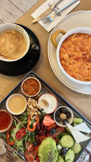 Vegan plate & soy milk cappuccino   at Dükkan Galata in Istanbul