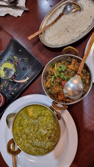 Saag Paneer and Okra Masala with white rice at Tandoori Express in Oakhurst