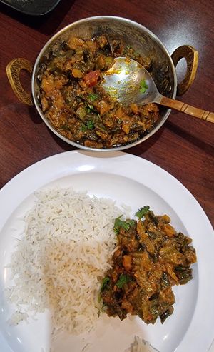 Okra Masala and white rice at Tandoori Express in Oakhurst