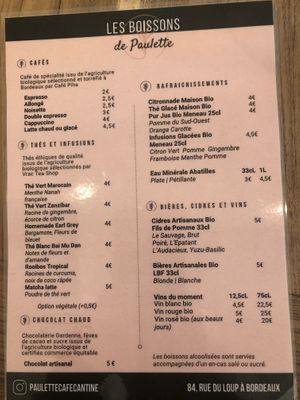 Carte des boissons  at Paulette in Bordeaux