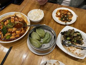 From left to right: mapo tofu, veggie dumplings, and sesame soy brussel sprouts   at Dim Sum House By Jane G's in Philadelphia