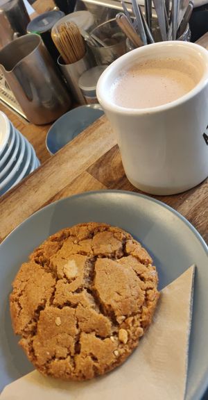 Peanut cookie and oat milk hot chocolate. at Atkinsons in Lancaster