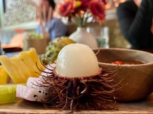 Assorted Exotic Fruits
with pineapple, dragon fruit, mango, rambutan at Wayan in New York City