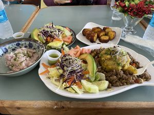 This is the ‘Mofongo Plant-based Picadillo’. This entree was offered with a side-salad. I also ordered other sides: extra salad, fried sweet plantains, and mashed yautia.  #Veg at Eileens Kitchen  in San Juan