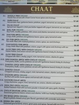 Menu at Chaat Corner in San Francisco