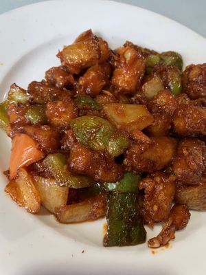 Baby corn, capsicum, onion cooked in nice sauce (sorry not too familiar with Indian cuisine so I don't remember what this dish is properly called). Portion quite large as well at Chaat Corner in San Francisco