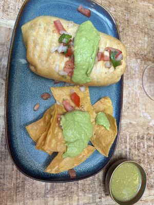 vegan grilled veggies and chili tofu chimichanga + chips and guacamole   at Arriba Burrito in Montreal