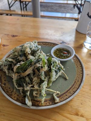 Rice tempura fried Warrigal greens and Saltbush at Big Esso in Melbourne