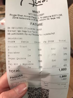 Some vegan and vegetarian options and their prices.  at Miró in Tirana