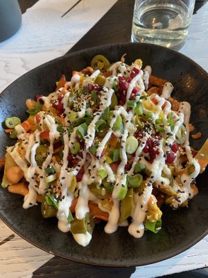 Sweet potato fries with unchicken  at Unfckd in Berlin