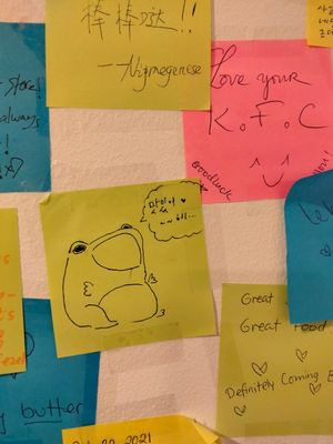 Cute wall of stickynotes inside restaurant at Mama Bowls in Arnhem