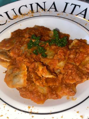 Vegan ravioli with ragu sauce at Casa Sofia in Playa Del Carmen