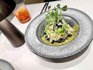 Cacio Pepe - Beautiful presentation but does not make up for bland noodles and OK flavoring from tapenade   at Adesse in London