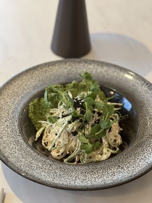 Cacio E Pepe
Kelp noodles, pea shoots, green and black olives  at Adesse in London