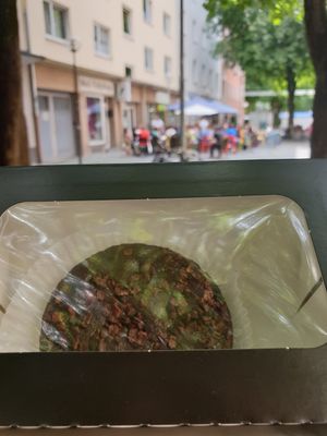 Choco cake in Front of the cafe at Café la Maison in Munich