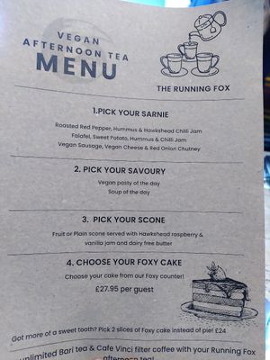 Vegan menu for afternoon tea (April 2026) at The Running Fox in Alnwick