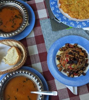enter: tarhana soup, tofu fried rice, and traditional potato pie - kljukuša at Aščinica Bosančica in Sarajevo