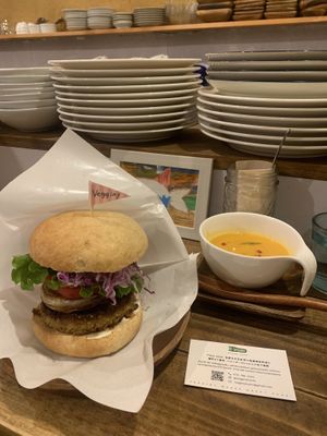 With ginger carrot soup  at Vegginy in Kyoto