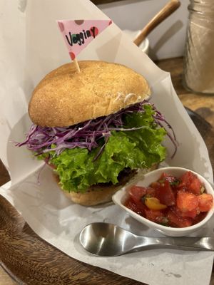 The burger, patty not shown although was very hearty and delicious  at Vegginy in Kyoto