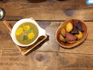Soup of the day & rosemary potatoes at Vegginy in Kyoto