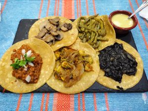 Tacos (adaptados sin queso) de champiñones, cactus de nopal, guiso de soja, cuitlacoche y flor de calabacita. at Tacos Doña Loren in Caceres