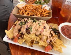 Twister Nachos and Curly Fries! (The dipping sauce for the fries is Vegetarian but I had ketchup instead)   at Denali Brew Pub in Talkeetna