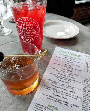 Tasty Manhattan and cranberry hibiscus juice at Bar Vegan in Albany