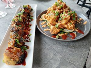 Sweet potato sushi and fried cauli, huge portions! at Bar Vegan in Albany