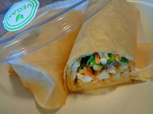 Veganized salmon cold wrap: roasted tofu, brown sushi rice, carrot, cucumber, baby spinach and arugula, wasabi ginger aioli at Evexia in Aurora