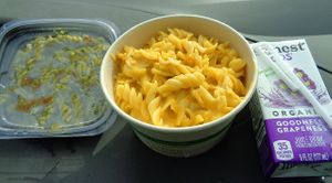 Plant Mac Kids Meal. Generous Portion of mac in a bowl and came with choice of side (pesto pasta shown) and drink. at Evexia in Aurora